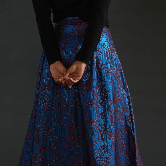 Anthropologie Maeve 4 NWT Pleated Shimmer Maxi Skirt Cocktail Metallic Blue - Picture 9 of 10